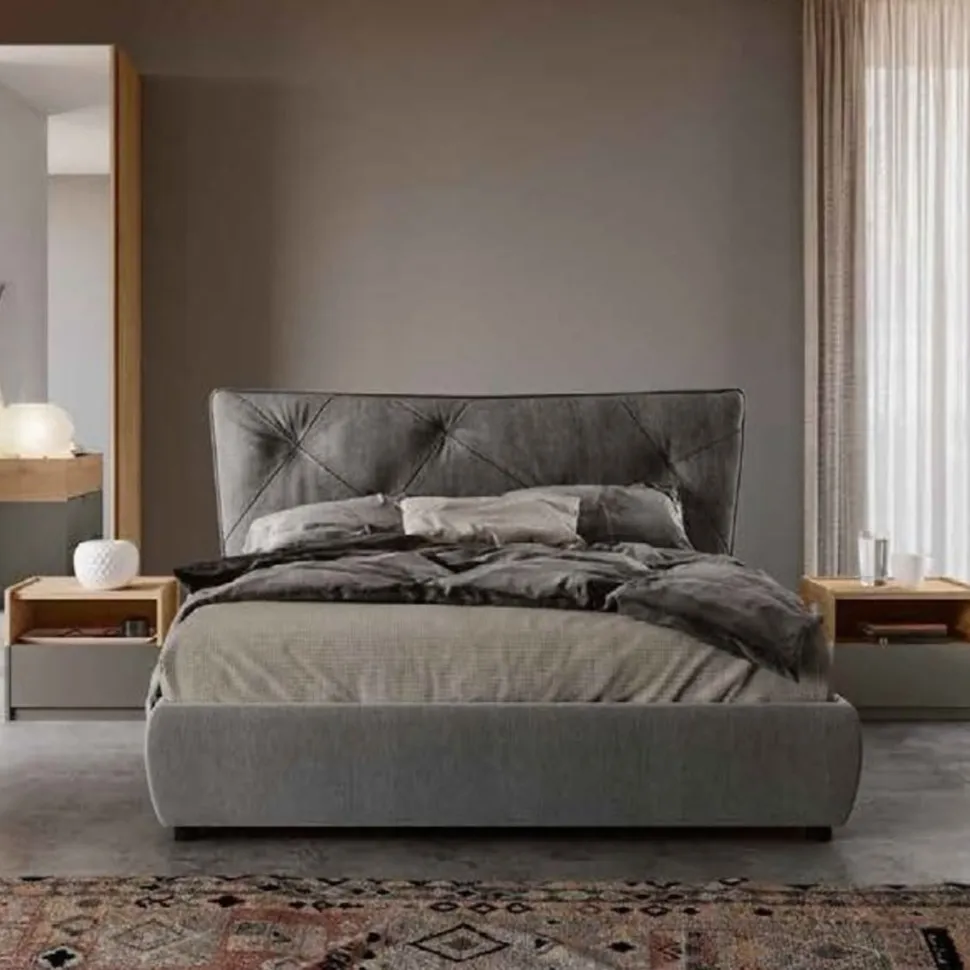 Letto contenitore matrimoniale imbottito moderno con testiera trapuntata disponibile in 2 colori