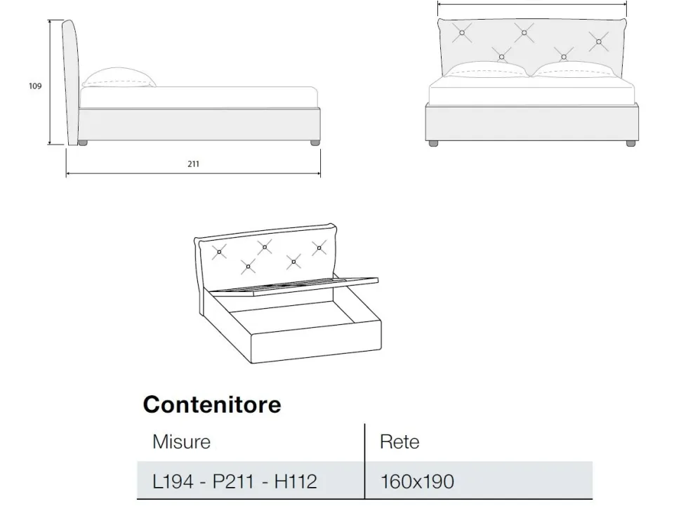 Letto contenitore matrimoniale imbottito moderno con testiera trapuntata disponibile in 2 colori