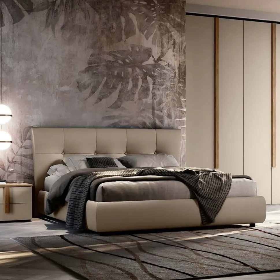 Letto contenitore matrimoniale imbottito moderno con testiera trapuntata disponibile in vari colori