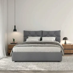 Letto contenitore matrimoniale imbottito in tessuto Ron disponibile in vari colori