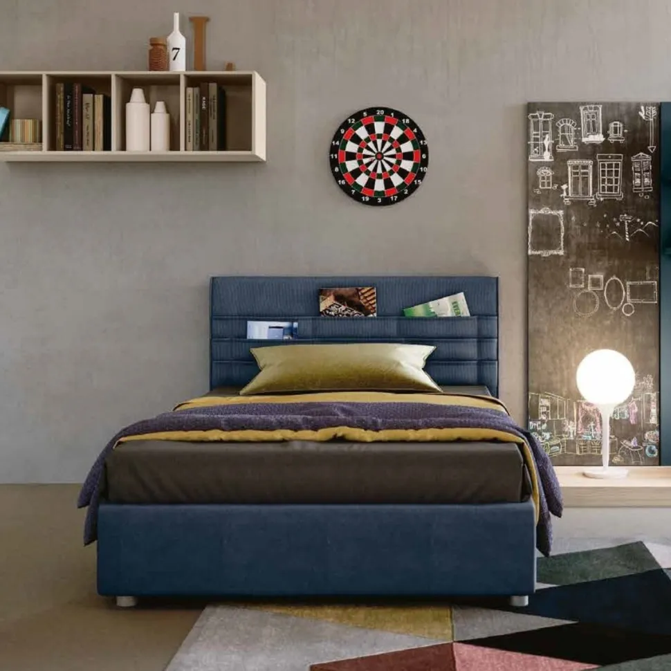 Letto contenitore singolo Blu imbottito con testiera contenitiva disponibile in vari colori e misure