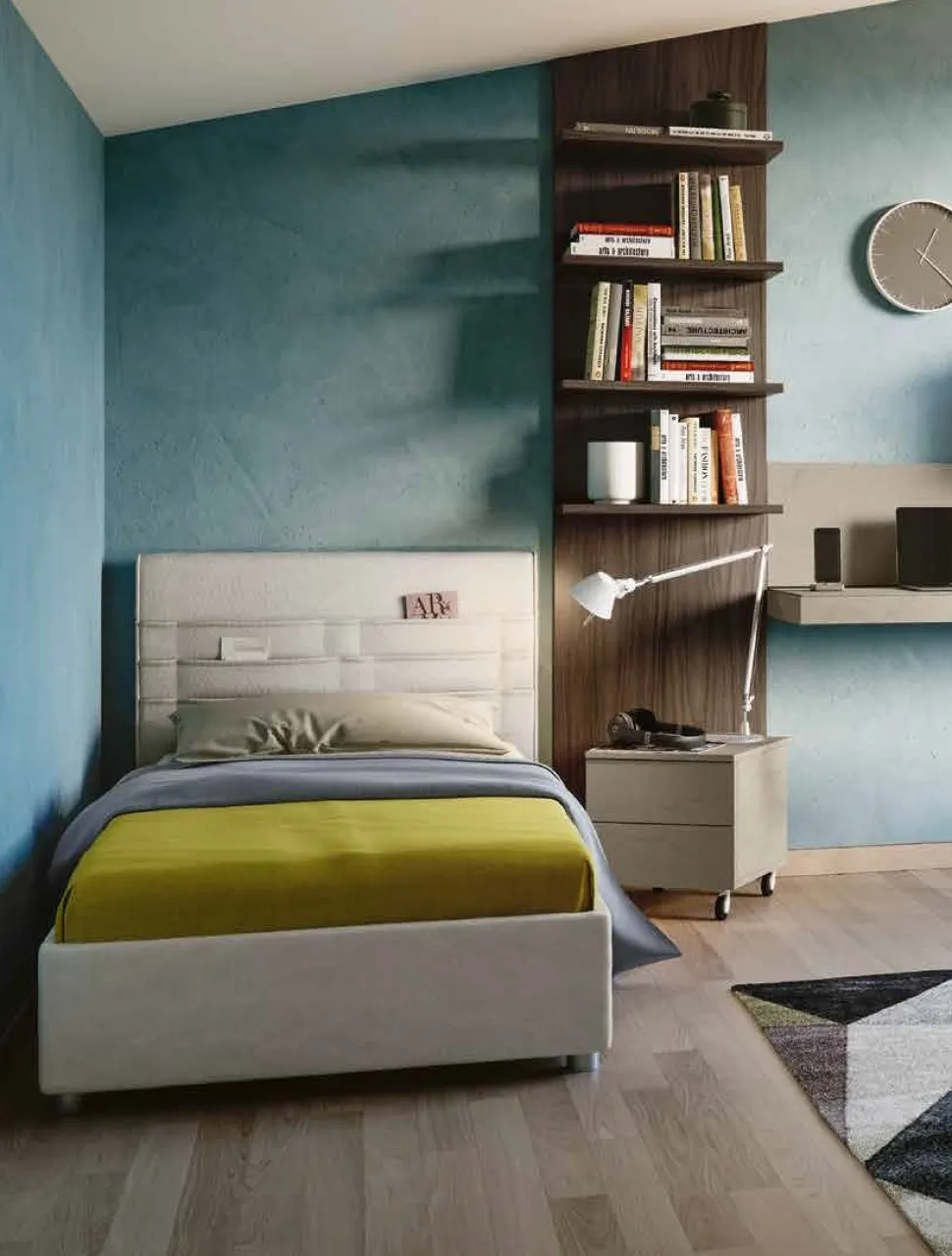 Letto contenitore singolo Blu imbottito con testiera contenitiva disponibile in vari colori e misure