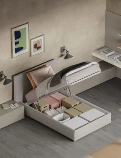 Letto contenitore singolo imbottito in tessuto Jem linea Airone disponibile in vari colori