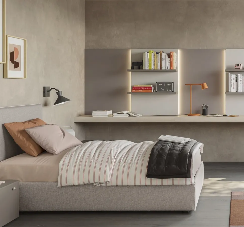 Letto contenitore singolo imbottito in tessuto Jem linea Airone disponibile in vari colori