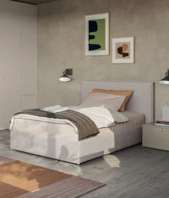 Letto contenitore singolo imbottito in tessuto Jem linea Airone disponibile in vari colori
