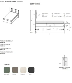 Letto contenitore una piazza e mezza in tessuto Verde Salvia con testiera trapuntata disponibile in 4 colori
