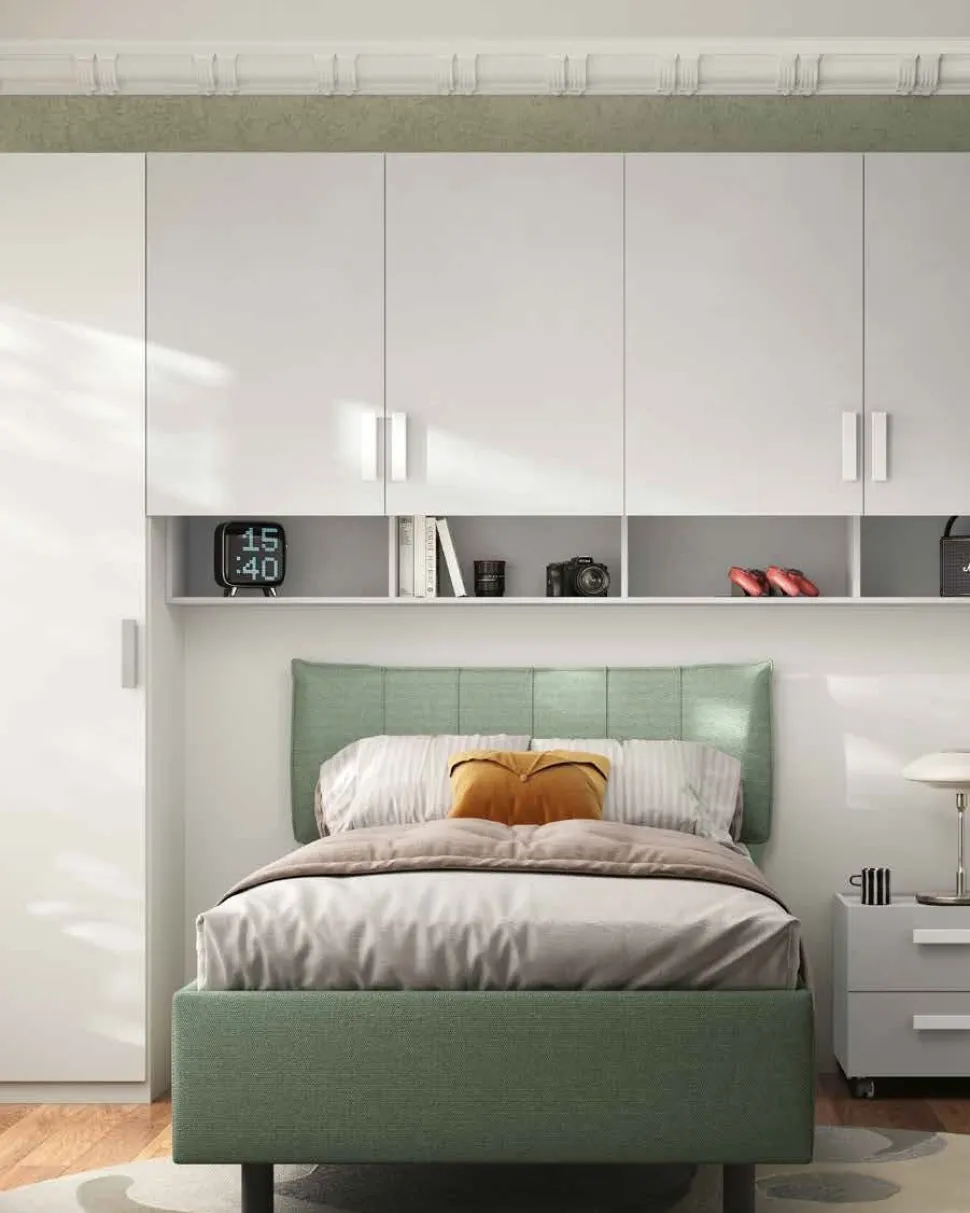 Letto contenitore una piazza e mezza in tessuto Verde Salvia con testiera trapuntata disponibile in 4 colori