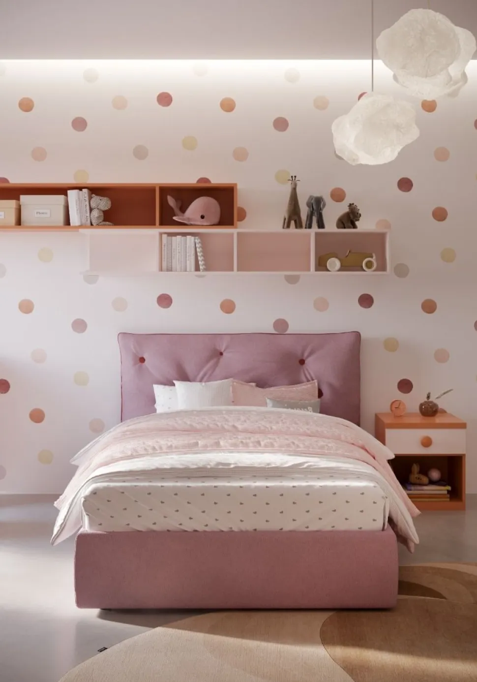 Letto contenitore una piazza e mezzo Carol imbottito in tessuto linea Colorfull