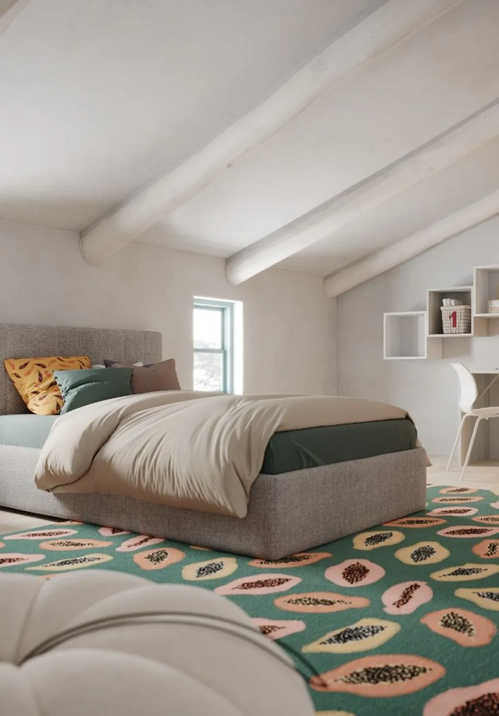 Letto contenitore una piazza e mezza Linda linea Fly imbottito in tessuto