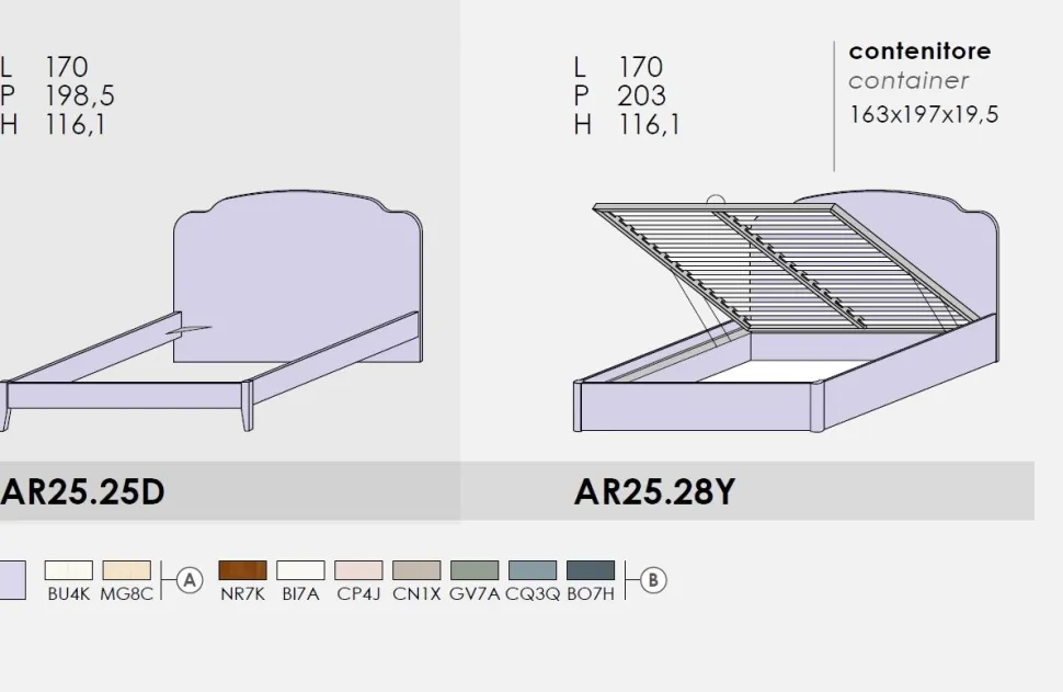 Letto matrimoniale Alì linea Ginevra disponibile in 9 colorazioni