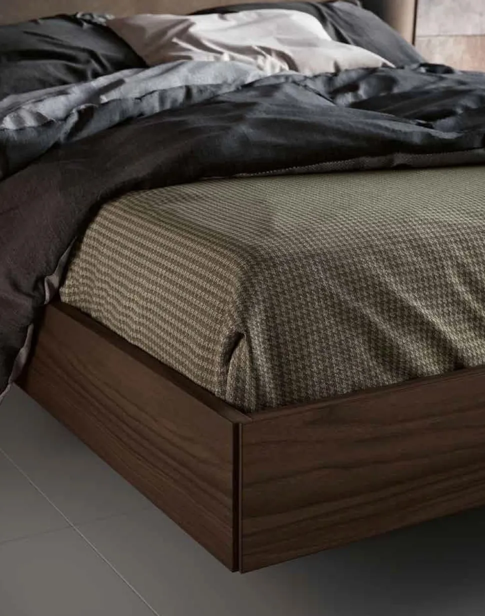 Letto matrimoniale con testiera imbottita e struttura in legno disponibile in vari colori