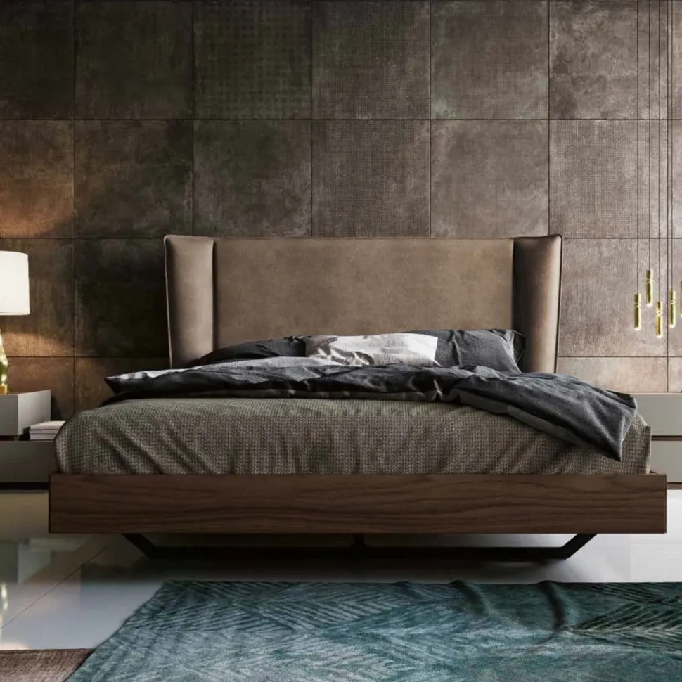 Letto matrimoniale con testiera imbottita e struttura in legno disponibile in vari colori
