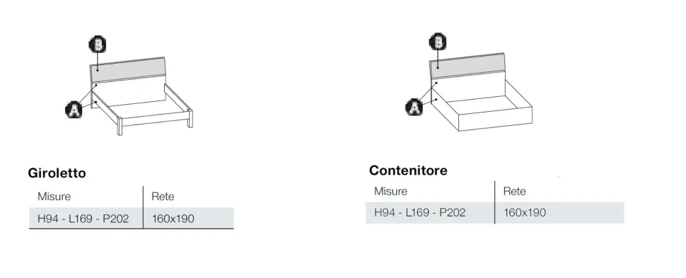 Letto matrimoniale con testiera snodata Mizar disponibile in vari colori