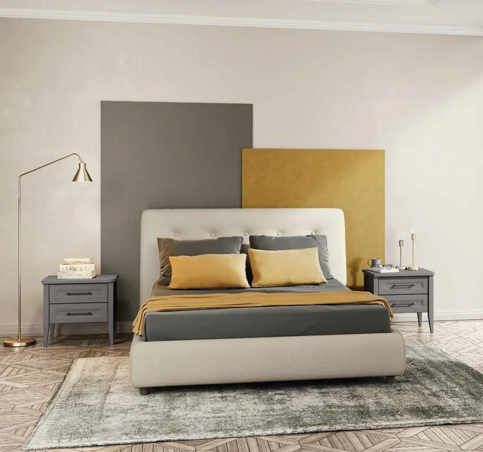 Letto matrimoniale imbottito Kilt linea Ginevra disponibile in vari colori