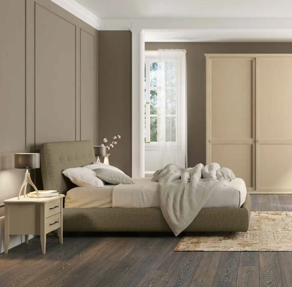 Letto matrimoniale imbottito Kilt linea Ginevra disponibile in vari colori