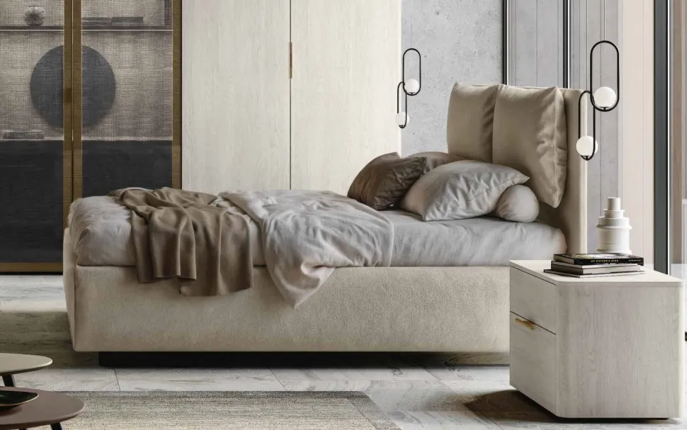 Letto matrimoniale imbottito Natural Dream in tessuto Tortora disponibile in vari colori