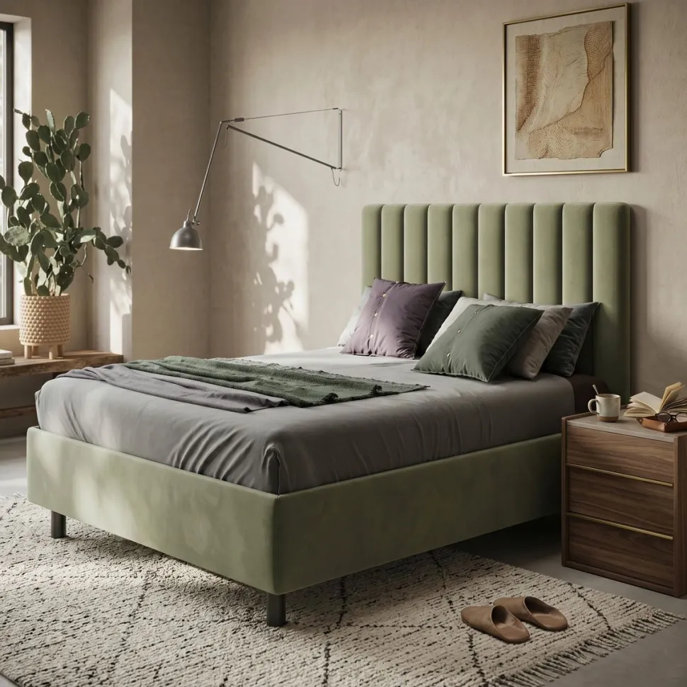 Letto Matrimoniale Imbottito in Velluto Berlino - Linea Cherie (Colori e Accessori Personalizzabili)