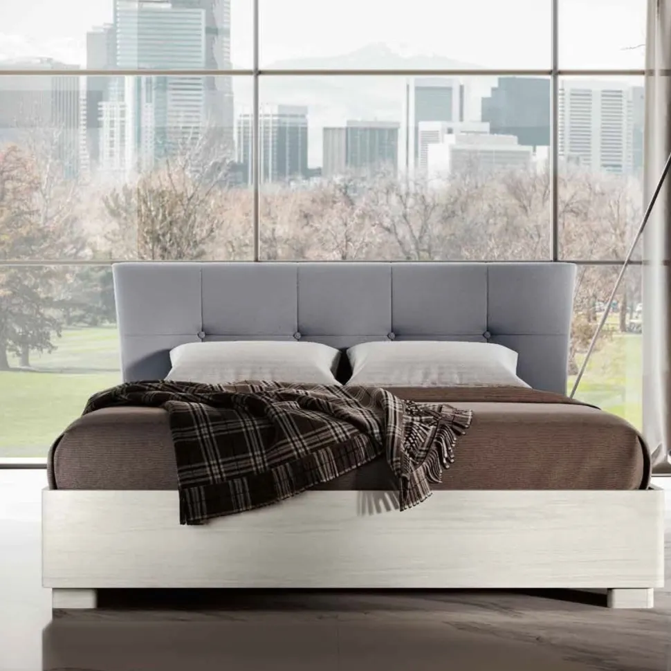 Letto matrimoniale in legno Bianco frassino con testiera imbottita in tessuto disponibile in vari colori