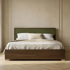 Letto matrimoniale in legno finitura Noce Moro con inserto in tessuto disponibile in vari colori
