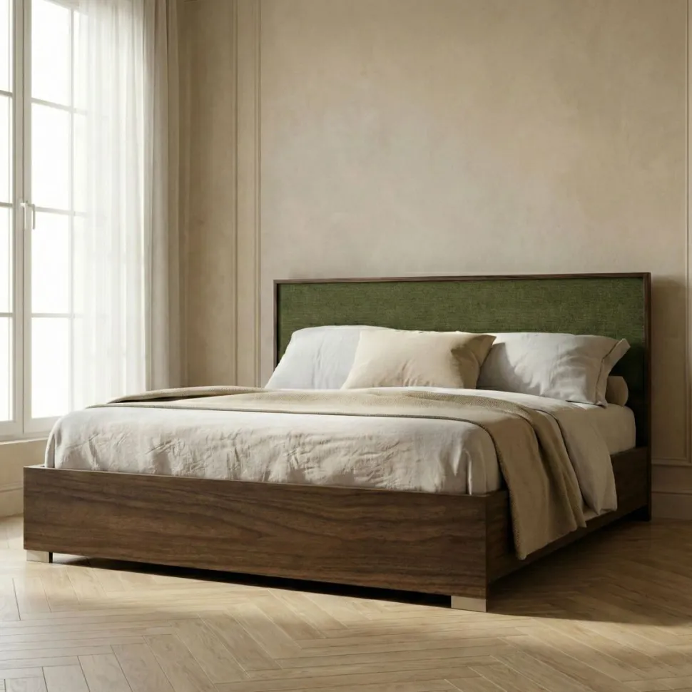 Letto matrimoniale in legno finitura Noce Moro con inserto in tessuto disponibile in vari colori