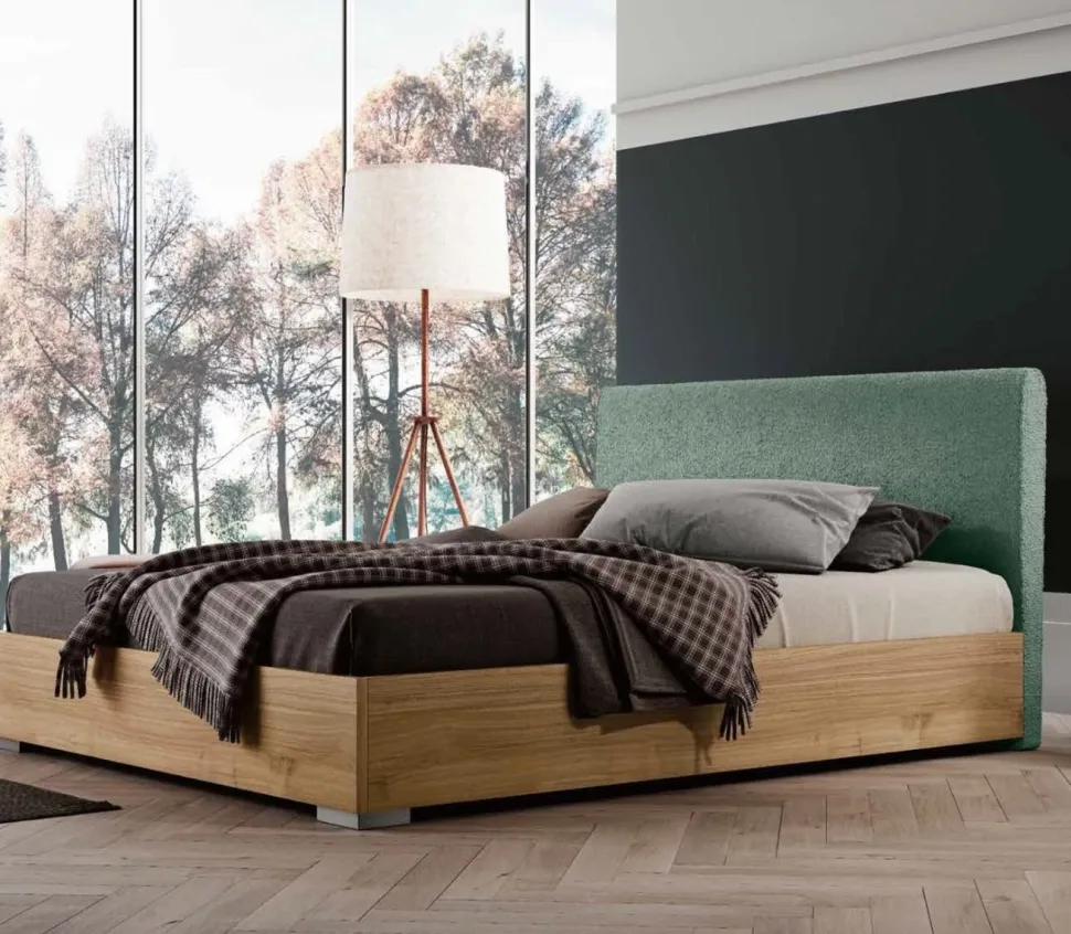 Letto matrimoniale in legno finitura Noce Biondo con Testiera imbottita disponibile in vari colori