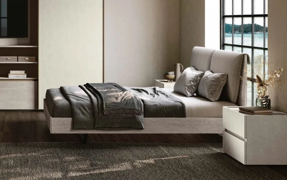 Letto matrimoniale in legno Rovere Grigio e testiera con cuscini imbottiti disponibile in vari colori