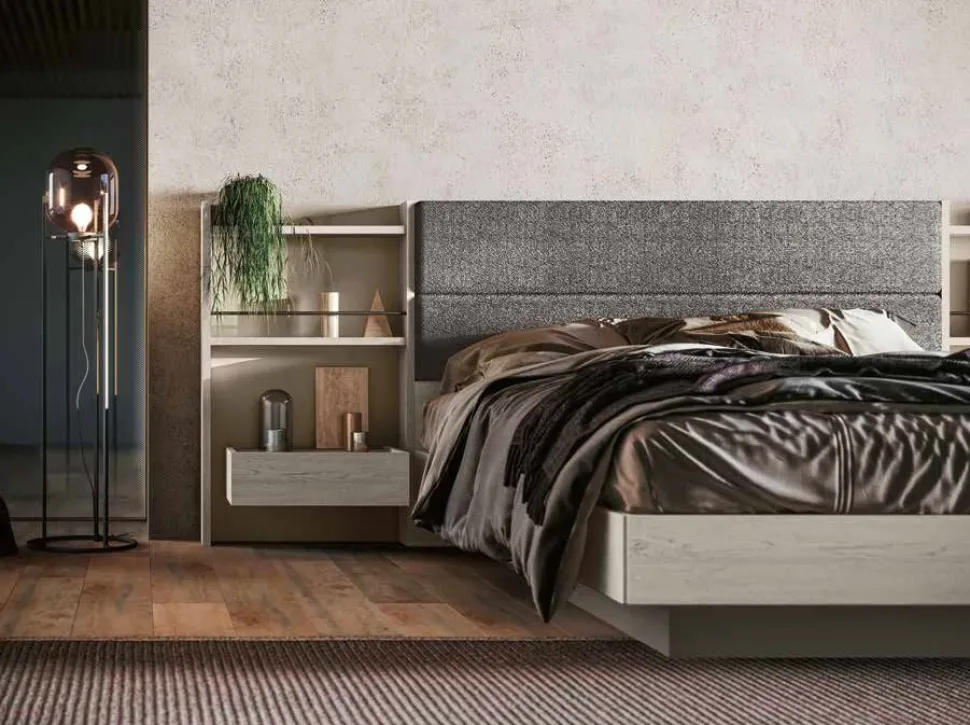 Letto matrimoniale in legno Rovere Nordico con testiera imbottita disponibile in vari colori