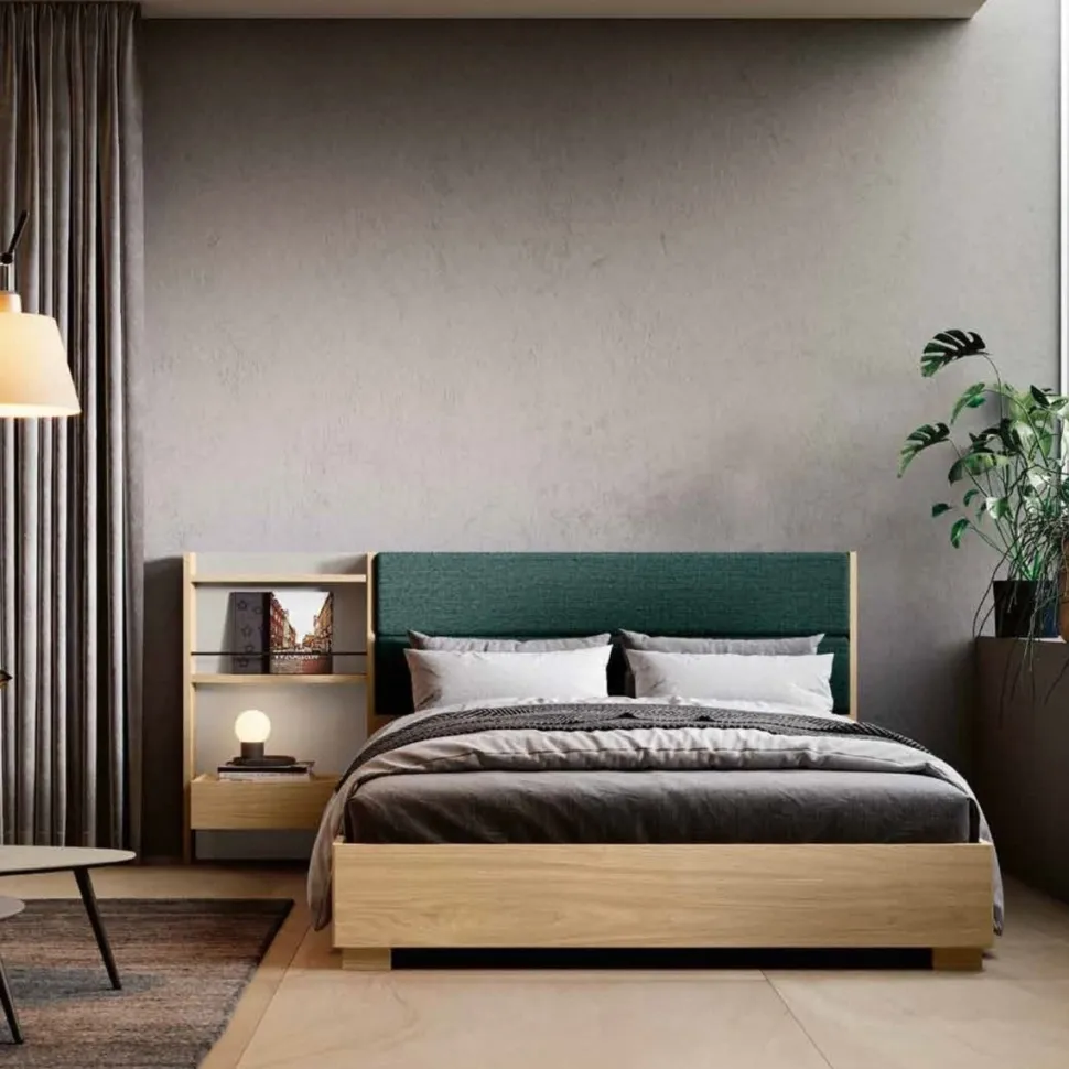Letto matrimoniale in legno Rovere Nordico con testiera imbottita disponibile in vari colori