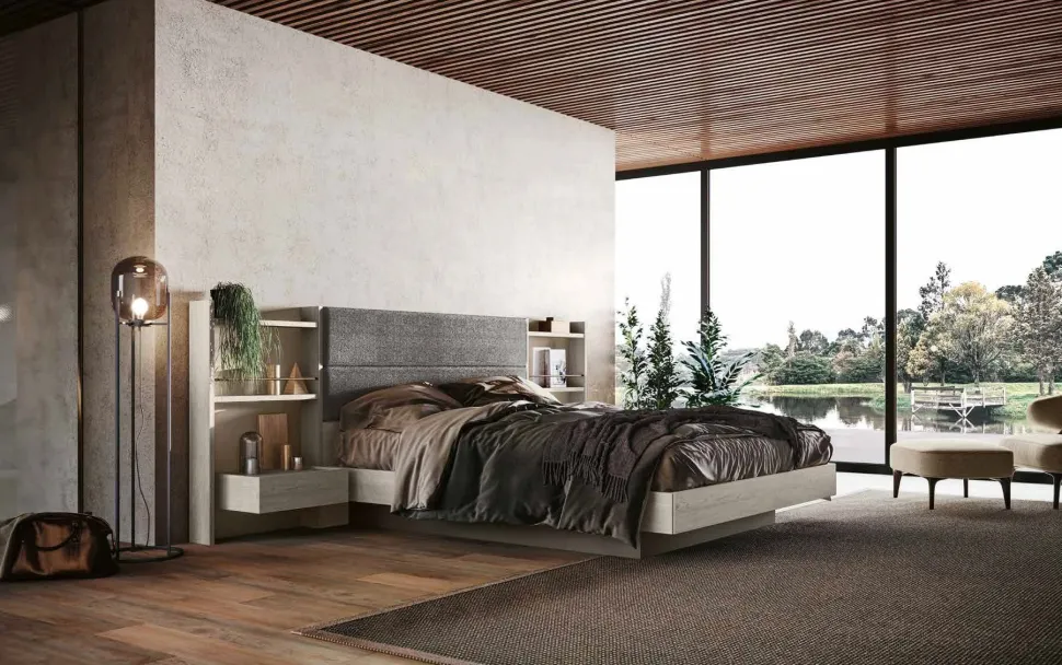 Letto matrimoniale in legno Rovere Nordico con testiera imbottita disponibile in vari colori