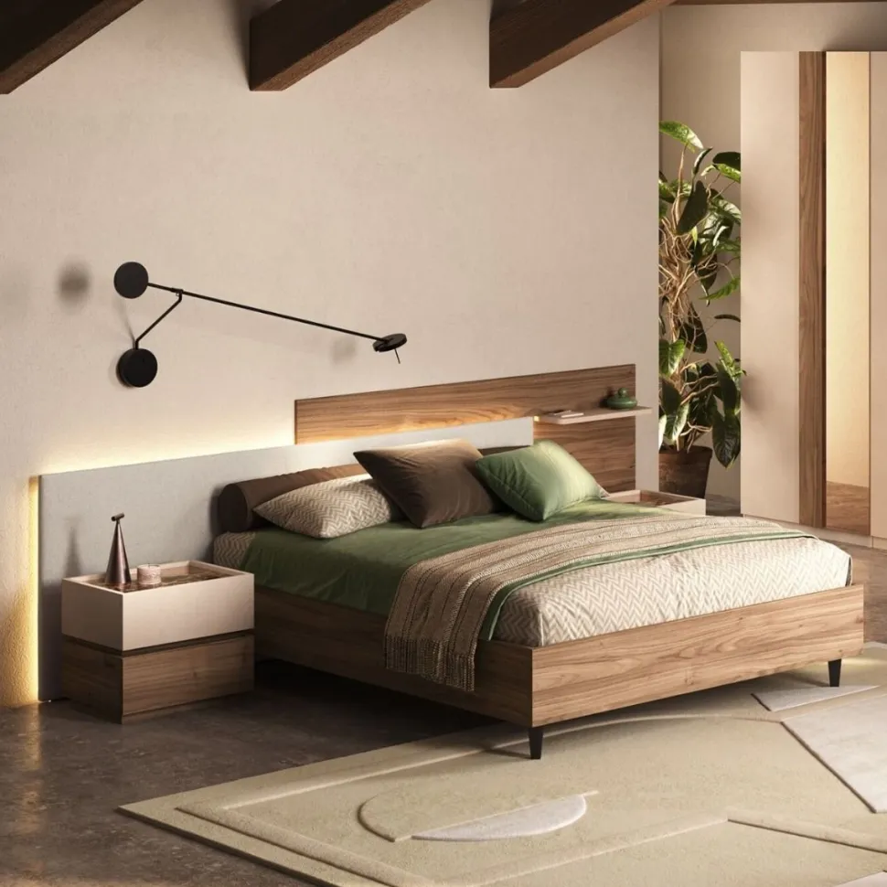 Letto matrimoniale moderno con Testiera Sfalsata in Legno e Tessuto
