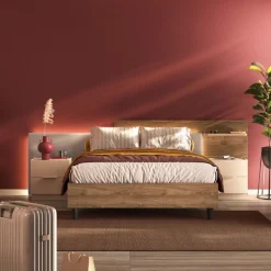 Letto matrimoniale moderno con Testiera Sfalsata in Legno e Tessuto