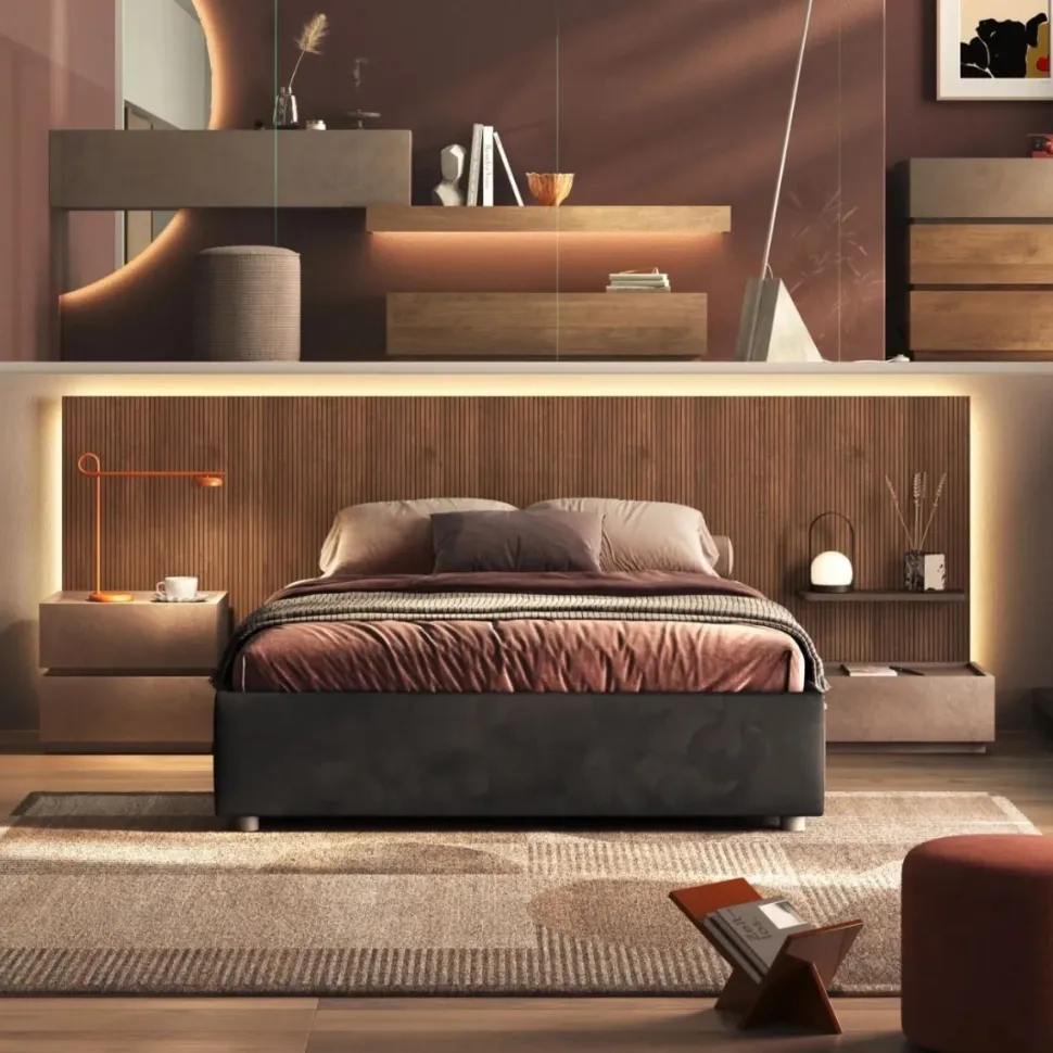 Letto matrimoniale moderno con testiera Noce Caramello Cannettata e Giroletto imbottito