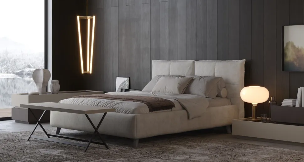Letto Matrimoniale Moderno Main - Linea New Season (Tessuti e Contenitore Personalizzabili)