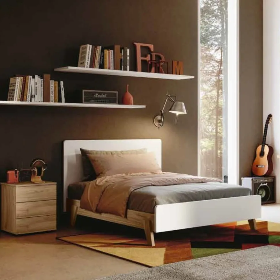 Letto moderno in legno Chiaro con testiera bianca opaca disponibile in 4 misure e vari colori