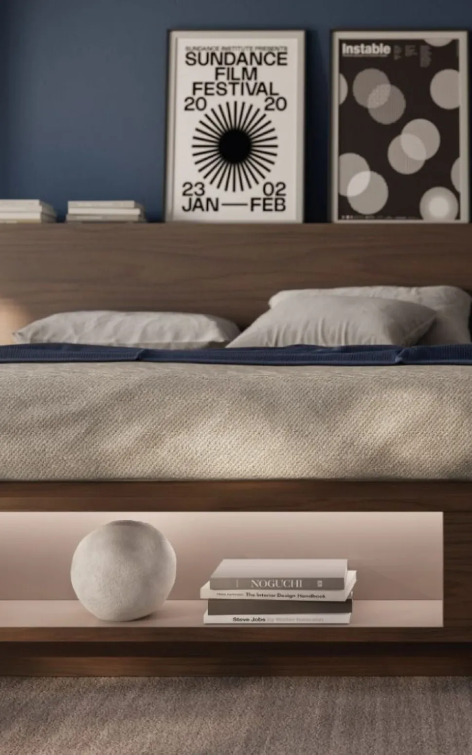 Letto moderno matrimoniale in legno Noce Moro con vani contenitore a giorno
