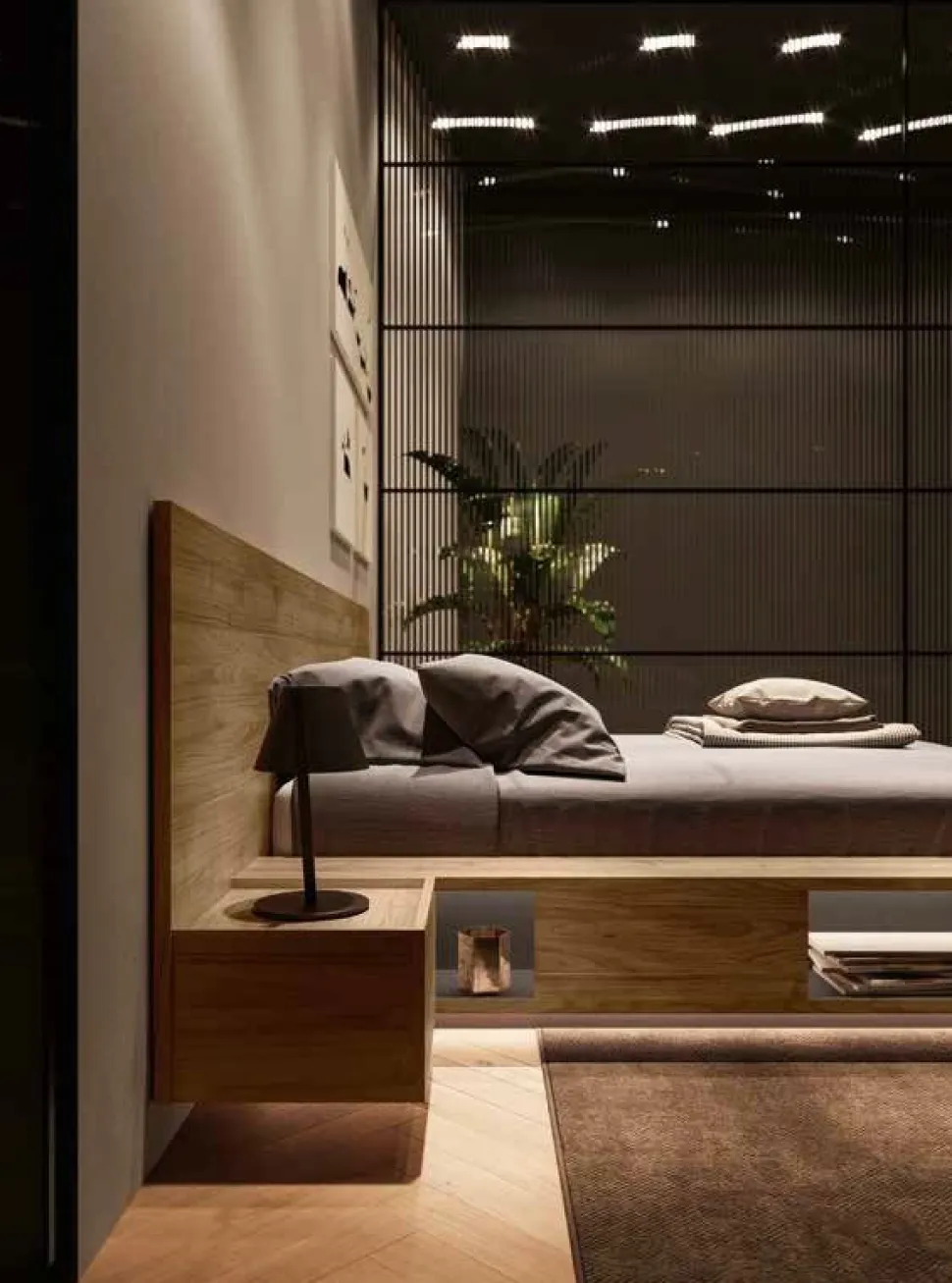 Letto moderno matrimoniale in legno Noce Moro con vani contenitore a giorno