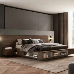 Letto moderno matrimoniale in legno Noce Moro con vani contenitore a giorno