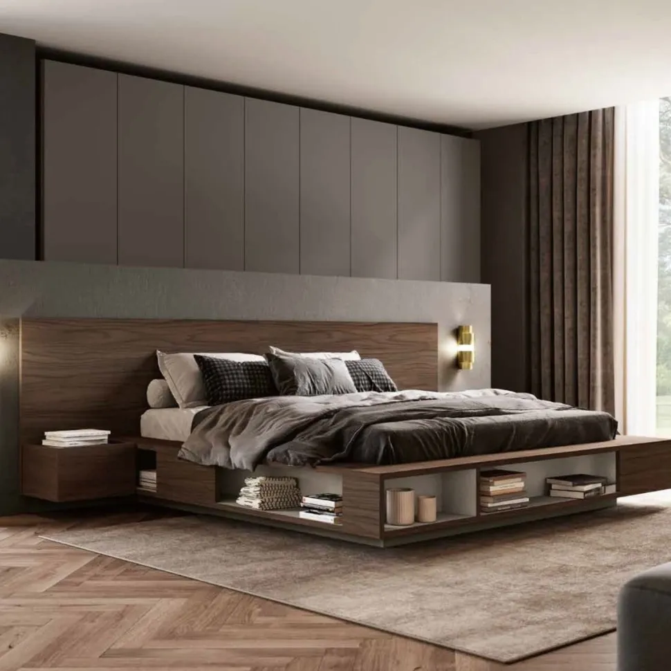 Letto moderno matrimoniale in legno Noce Moro con vani contenitore a giorno