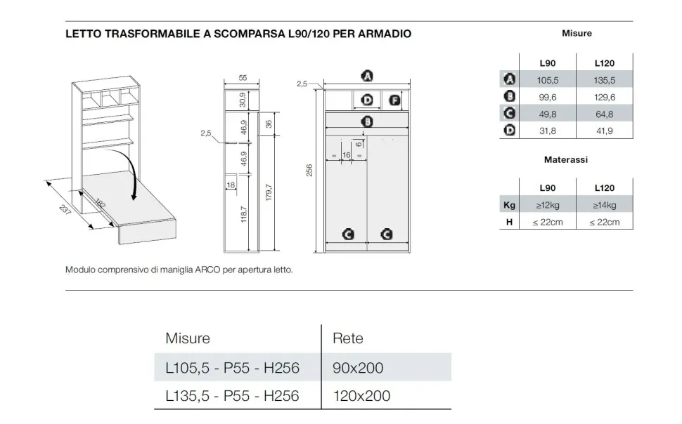 Letto singolo a scomparsa salvaspazio con armadio a 2 ante disponibile in 2 misure e vari colori