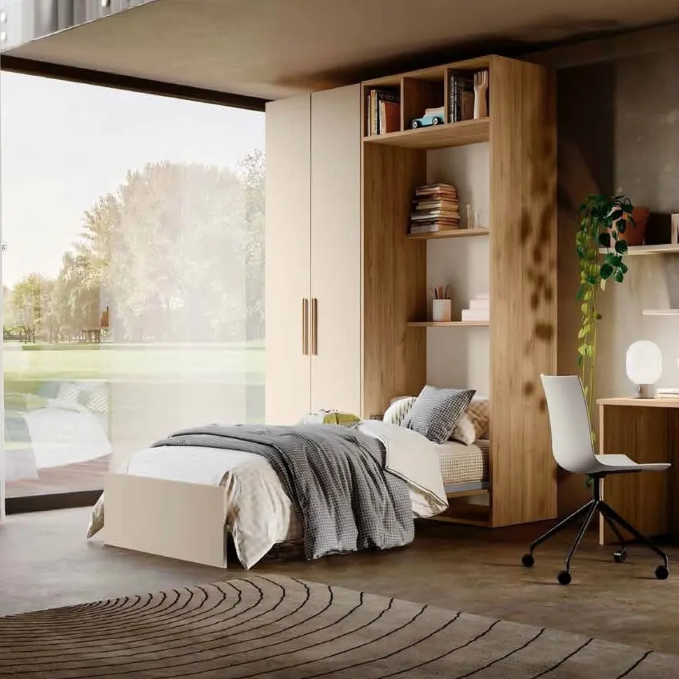 Letto singolo a scomparsa salvaspazio con libreria disponibile in 2 misure e vari colori