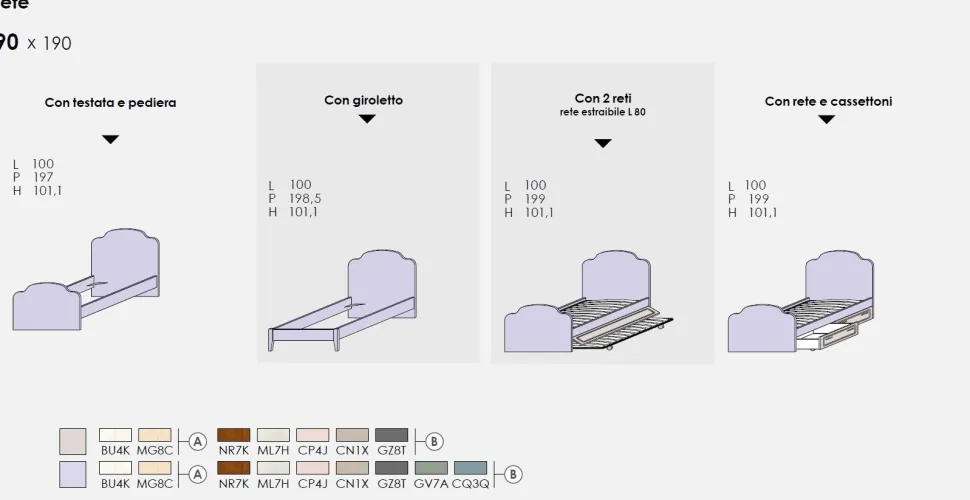 Letto singolo Cloud linea Ginevra disponibile in 4 versioni e 9 colorazioni