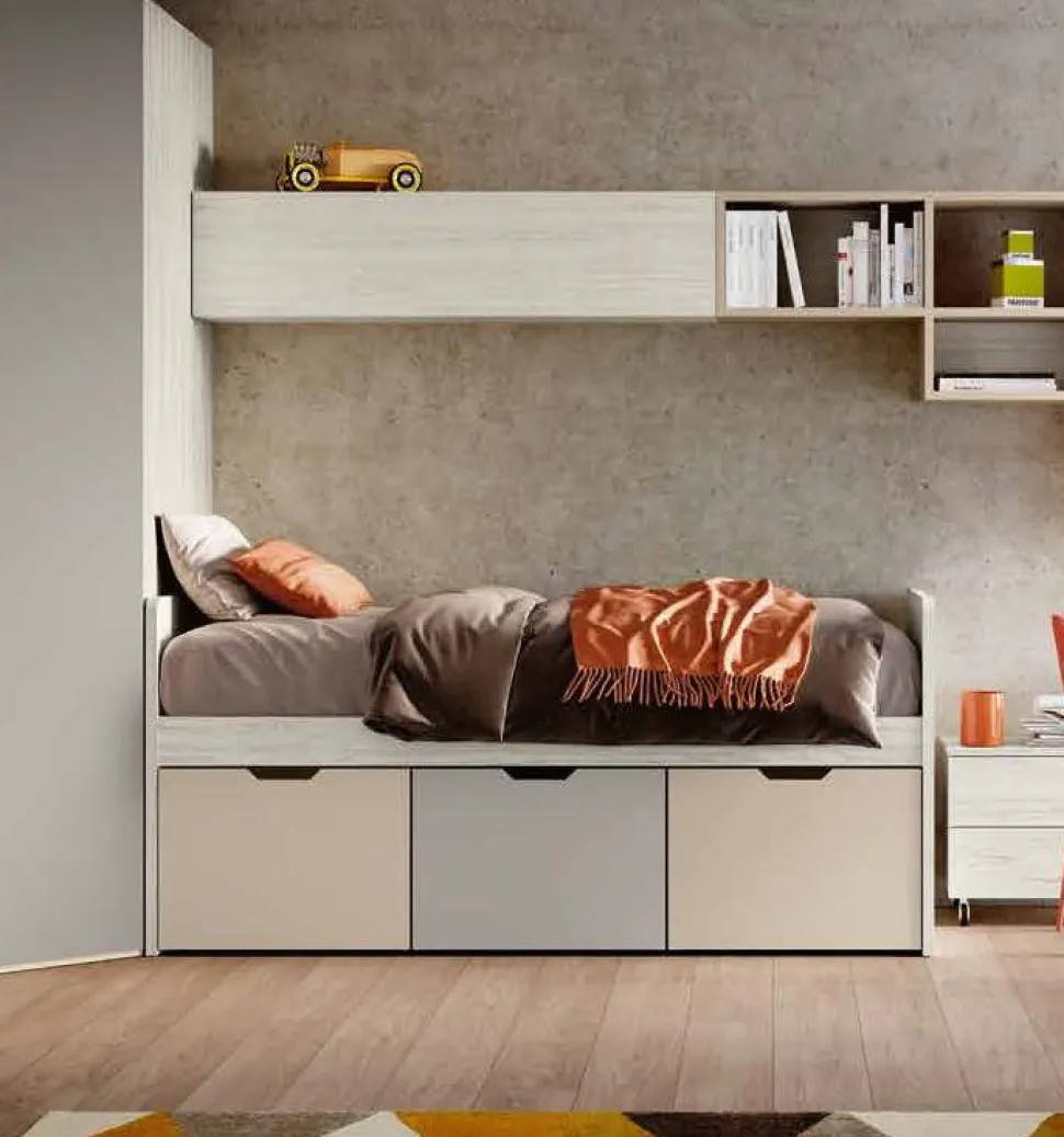Letto singolo con cassetti contenitori finitura Bianco altea, Orzo e Grigio seta disponibile in vari colori