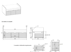 Letto singolo con cassetti contenitori finitura Bianco altea, Orzo e Grigio seta disponibile in vari colori