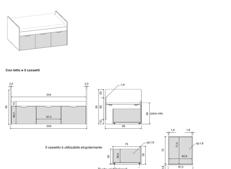 Letto singolo con cassetti contenitori finitura Bianco altea, Orzo e Grigio seta disponibile in vari colori