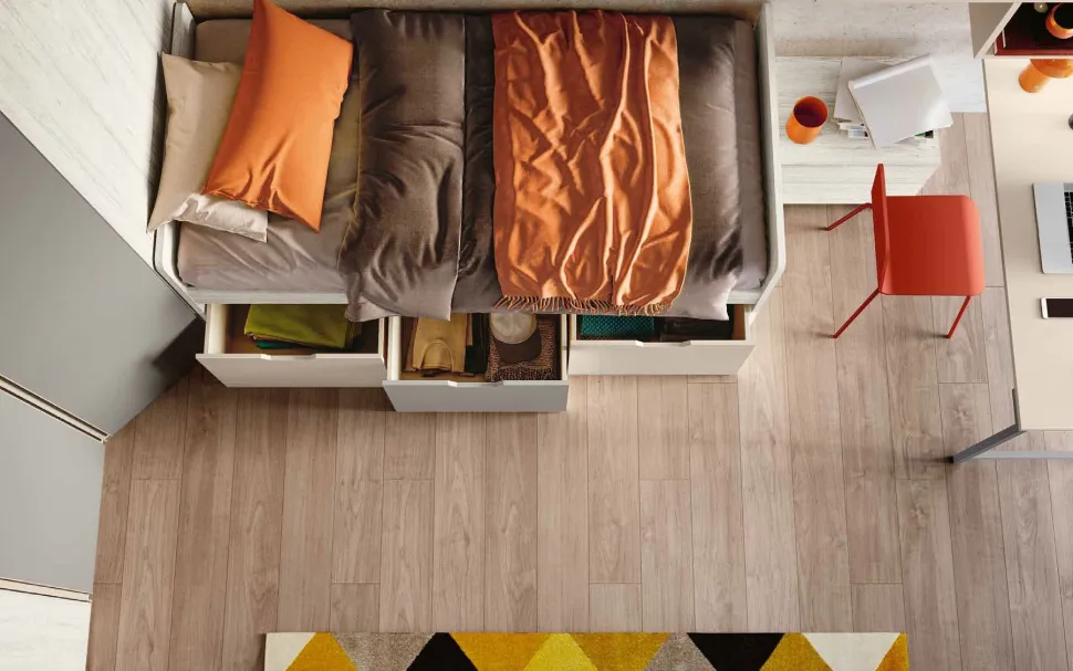 Letto singolo con cassetti contenitori finitura Bianco altea, Orzo e Grigio seta disponibile in vari colori