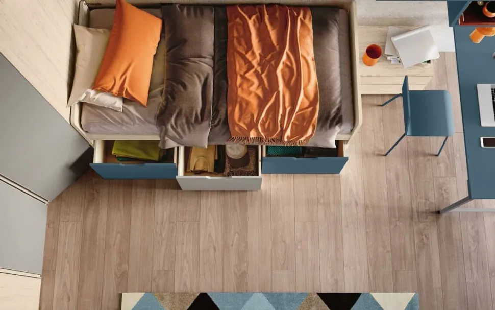 Letto singolo con cassetti contenitori finitura Bianco altea, Orzo e Grigio seta disponibile in vari colori