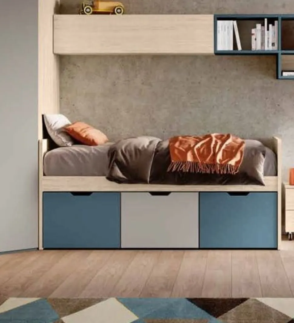 Letto singolo con cassetti contenitori finitura Bianco altea, Orzo e Grigio seta disponibile in vari colori