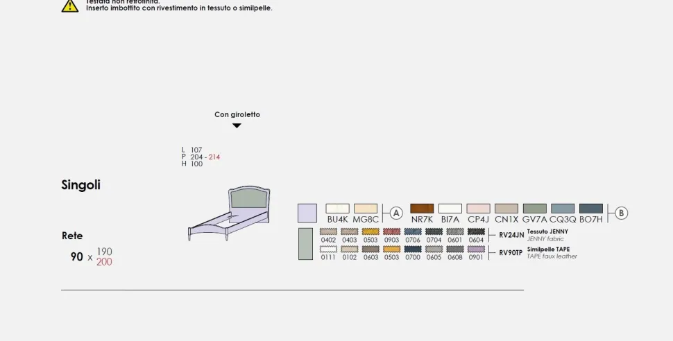 Letto singolo con inserto imbottito Meda linea Omega disponibile in vari colori