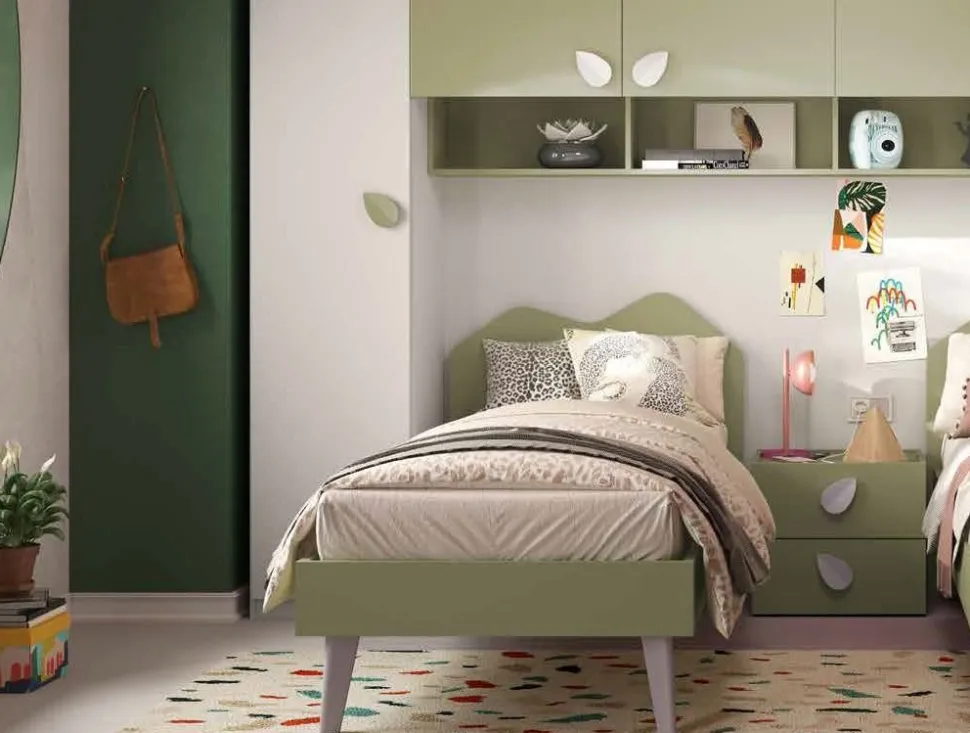 Letto Singolo con struttura in legno e testiera Sagomata disponibile in 4 colori
