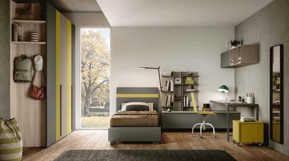 Letto singolo contenitore Grigio cenere e Giallo senape disponibile in 4 misure e vari colori